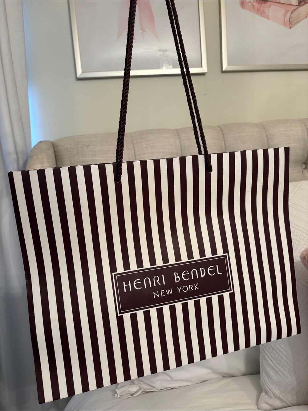 Original Henri bendel Brown and White Striped shopping Tote with Rope Handles